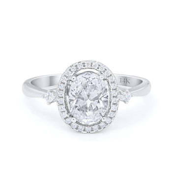 14K White Gold Art Deco Halo Oval Simulated CZ Bridal Wedding Engagement Ring Size 7